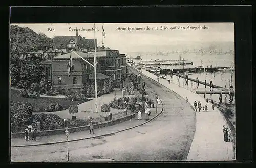 AK Kiel, Seebadeanstalt, Strandpromenade mit Blick auf den Kriegshafen