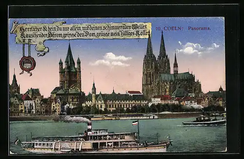 AK Köln, Panorama mit Dom, Dampfer auf dem Rhein