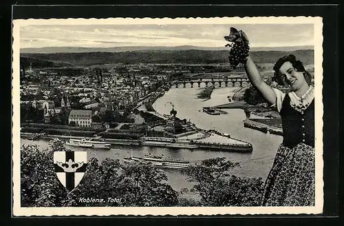 AK Koblenz, Ortsansicht und Deutsches Eck aus der Vogelschau, Dampfer auf dem Rhein