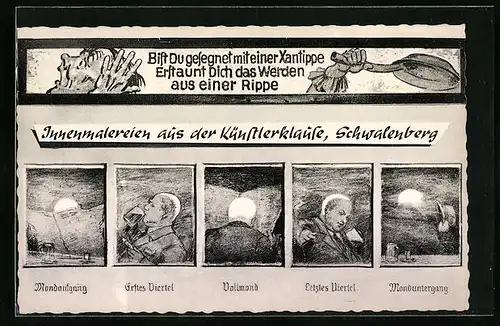 AK Schwalenberg, Innenmalereien aus dem Restaurant Künstlerklause, Mondaufgang, Vollmond und Monduntergang