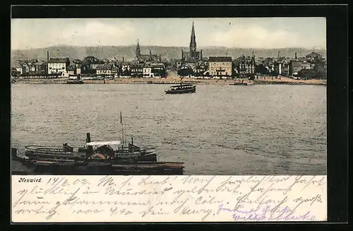 AK Neuwied, Panorama, Rheinpartie mit Dampfer