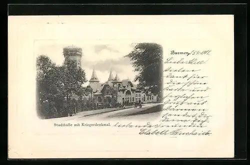 AK Barmen, Stadthalle mit Kriegerdenkmal