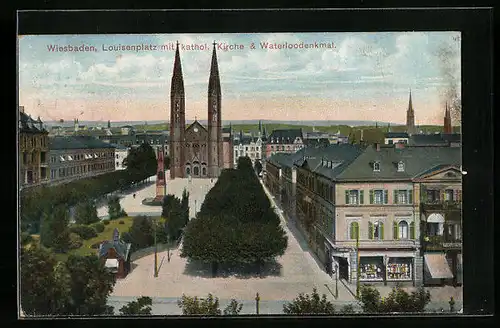 AK Wiesbaden, Louisenplatz mit katholischer Kirche und Waterloodenkmal