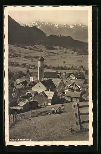 AK Rettenberg, Ortsansicht mit Kirche und Allgäuer Alpen