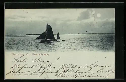 Mondschein-AK Bremerhaven, Segelboot auf der Weser