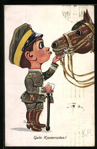 AK Gute Kameraden!, Kleiner Soldat mit seinem Pferd, Kinder Kriegspropaganda