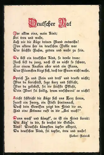 AK Deutscher Rat, Vor allem eins mein Kind..., Kinder Kriegspropaganda