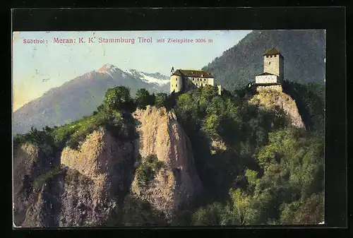 AK Meran, K. k. Stammburg Tirol mit Zielspitze