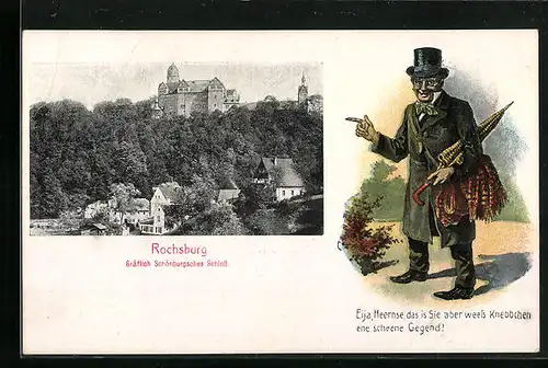 AK Rochsburg, Schloss, Knebbchen mit Schirm und Zylinder