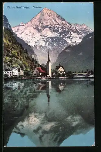 AK Flüelen, Ortspartie vom Vierwaldstättersee aus gesehen