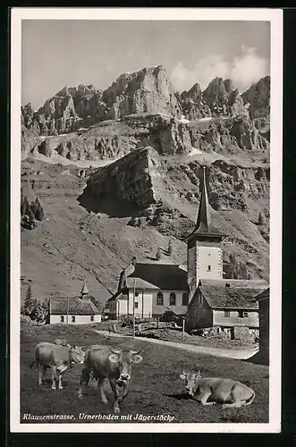 AK Urnerboden, Kirche und Jägerstöcke, Rinder auf der Weide