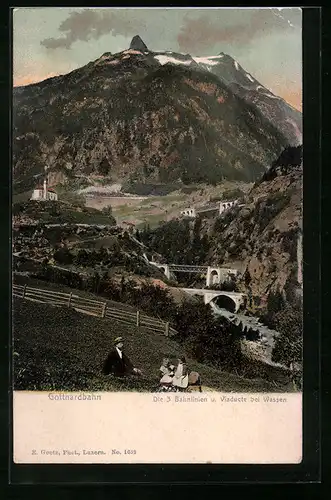 AK Wassen, Gesamtansicht mit Bahnlinien und Viaducte