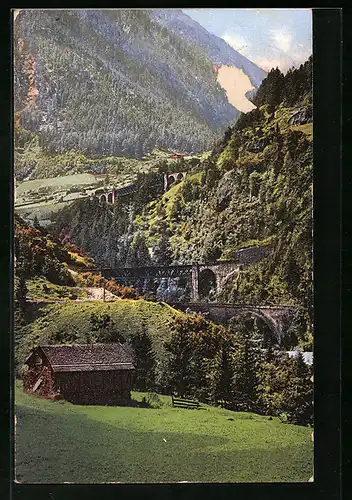 AK Wassen, Blick auf die drei Eisenbahnlinien der Gotthardbahn