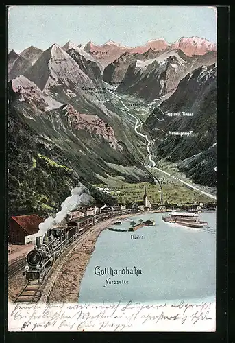 AK Flüelen, Landkarte mit Gotthardbahn, Nordseite