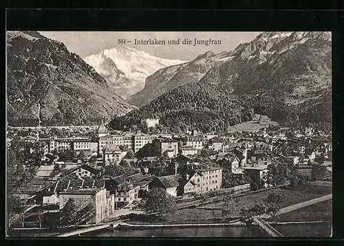 AK Interlaken, Ortsansicht und die Jungfrau