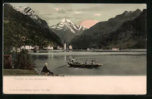 AK Flüelen, Blick über den See zum Ort mit Bristenstock