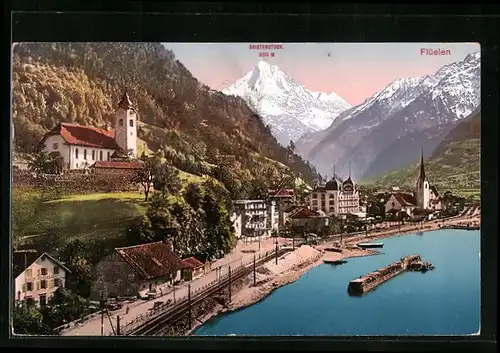 AK Flüelen, Ortsansicht am VIerwaldstättersee mit Bristenstock
