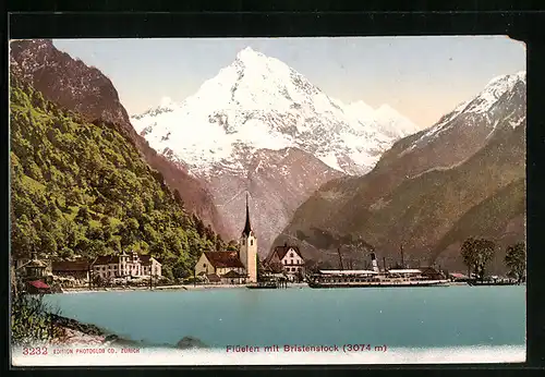 AK Flüelen, Ortsansicht am VIerwaldstättersee mit den Bristenstock