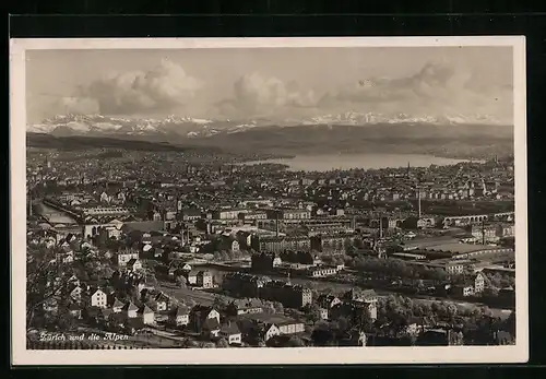 AK Zürich, Totalansicht mit den Alpen