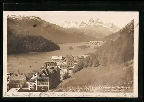 AK Campfer, Ortsansicht mit Piz Margna und Silvaplana