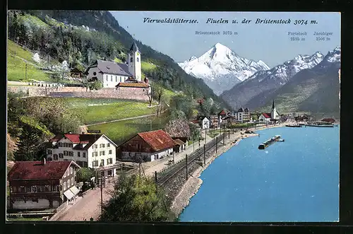 AK Flüelen, Ortsansicht mit Vierwaldstättersee und Bristenstock