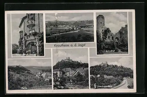 AK Krautheim a. d. Jagst, Ortsansicht, Krautheim-Berg, Schlosshof, Schlosseingang und zwei Ortspartien