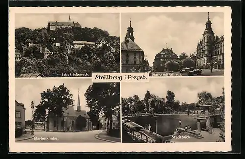 AK Stollberg i. Erzgeb., Schloss Hoheneck, Markt mit Rathaus, Stadtbad, Marienkirche