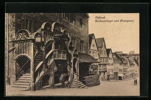 AK Pössneck, Rathaustreppe und Krautgasse