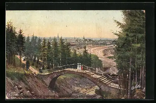 Künstler-AK Mülhausen in Thür., Stadtpark, Fusswegbrücke mit Stadtansicht