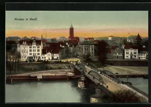 AK Minden in Westf., Ortsansicht mit Brücke aus der Vogelschau