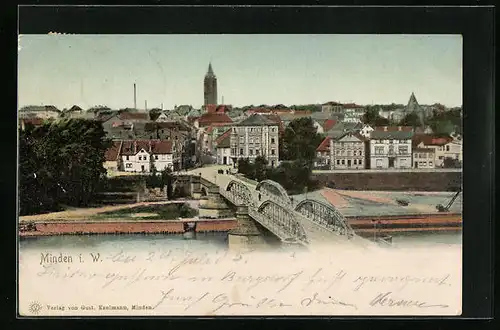 AK Minden in Westf., Ortsansicht mit Brücke aus der Vogelschau