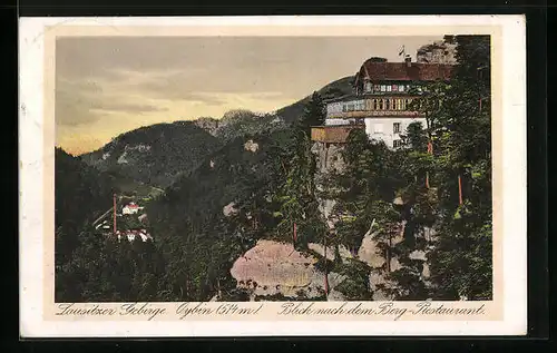AK Oybin, Blick nach dem Berg-Restaurant im Lausitzer Gebirge