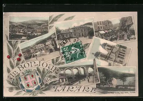 AK Tarara, Sieben Ansichten aus der Stadt mit Wappen