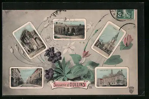 AK Oullins, L`Hotel de Ville, L`Èglise, Porte de l`ancien Chateau, La Grande-Rue, Les Aqueducs