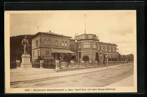 AK Kiel, Restaurant Seebadeanstalt und Kaiserl. Yacht-Club mit dem Krupp-Denkmal