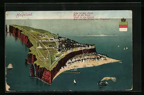 AK Helgoland, die Insel aus der Vogelschau mit Wappen