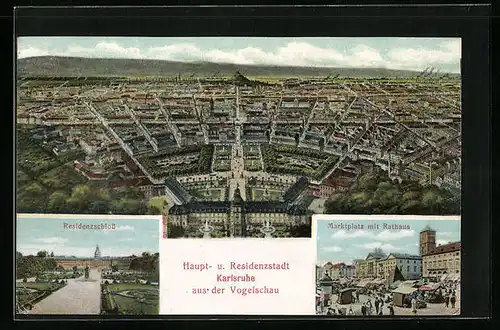 AK Karlsruhe, Totalansicht aus der Vogelschau, Marktplatz mit Rathaus, Residenzschloss