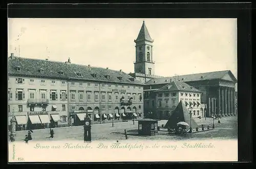 AK Karlsruhe, Der Marktplatz und die evangel. Stadtkirche