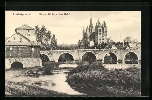 AK Limburg a. d. Lahn, Dom von Westen und alte Brücke