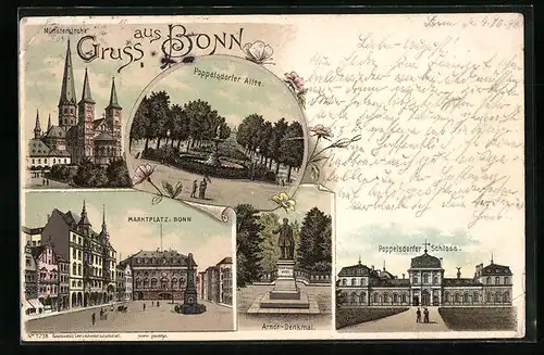 Lithographie Bonn, Münsterkirche, Poppelsdorfer Schloss, Arndt-Denkmal