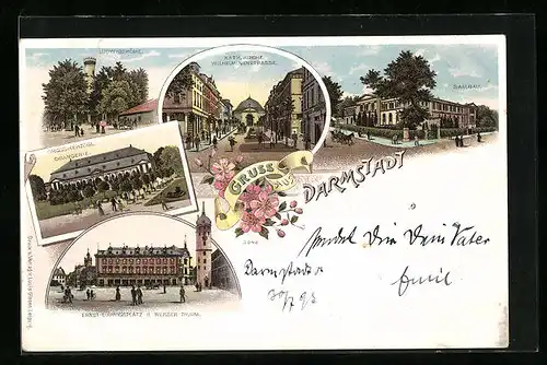 Lithographie Darmstadt, Ludwigshöhe, Saalbau, Grossherzogliche Orangerie