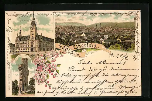 Lithographie Elberfeld, Teilansicht, Neues Rathaus, Von der Heydt Turm