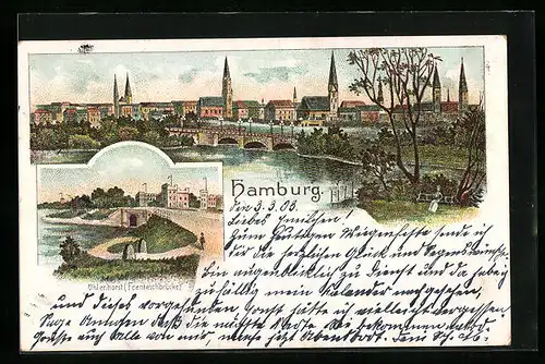 Lithographie Hamburg, Uhlenhorst Feenteichbrücke, Teilansicht