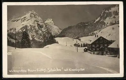 AK Schröcken, Pension Gasthof Schröcken mit Künzelspitze im Schnee