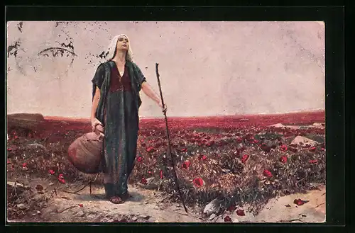 AK Blinde Frau mit Krug und Stock an einer Blumenwiese