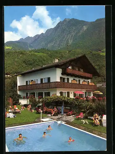 AK Algund bei Meran, Pension Haus Sonnenbrunn mit Schwimmbecken, St. Kassianweg5