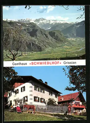 AK Grissian /Tisens bei Meran, Gasthaus Schmiedlhof mit Pferd, Panorama