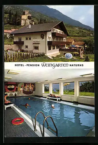 AK Naturns bei Meran, Hotel-Pension Weingarten, Schlossweg 20, Innenansicht Schwimmbad
