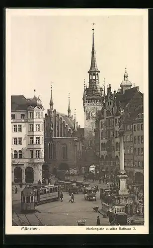 AK München, Marienplatz und altes Rathaus, Strassenbahn