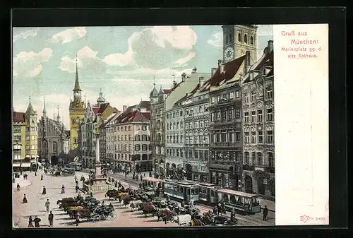 AK München, Strassenbahn auf dem Marienplatz, Blick zum alten Rathaus